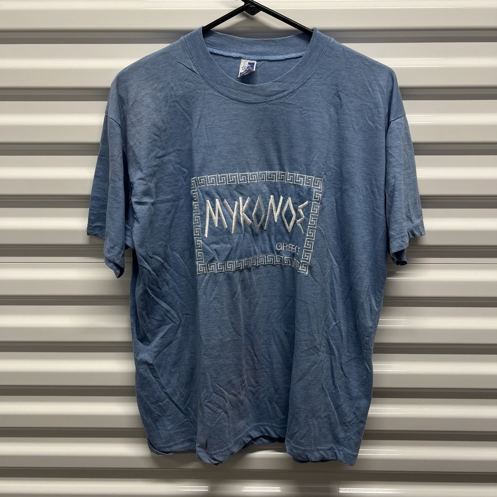 Vintage Mykonos Greece T-Shirt Size L Mens Blue Embroidered Greek Key Souvenir — photo 2